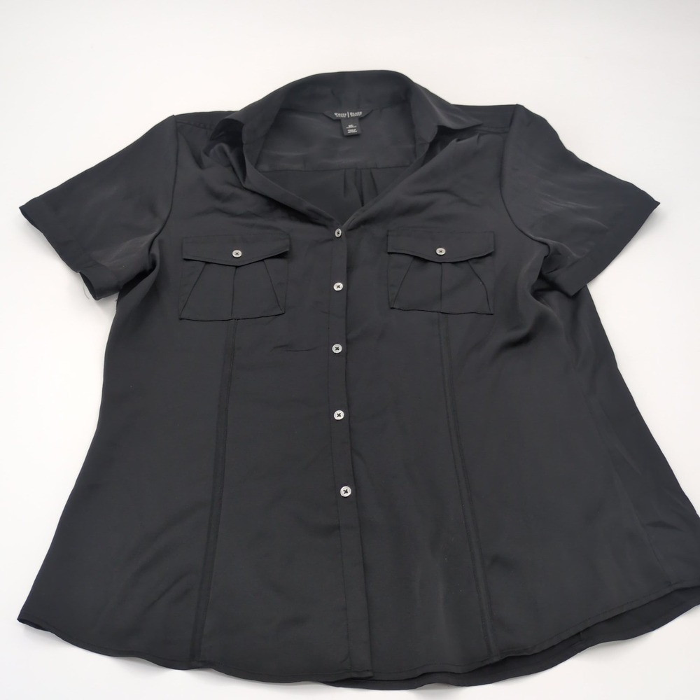 White House Black Market Shirt XL Women Black Button Up Blouse Short Sleeve Pkts